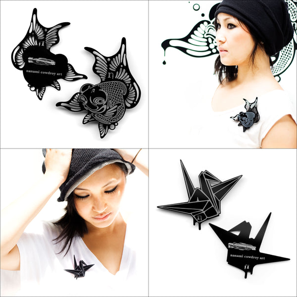Inky Pieces - GoldFish & Paper Crane Brooch