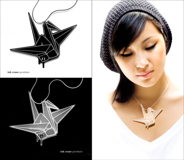 Inky Pieces - Black & White Crane Necklace