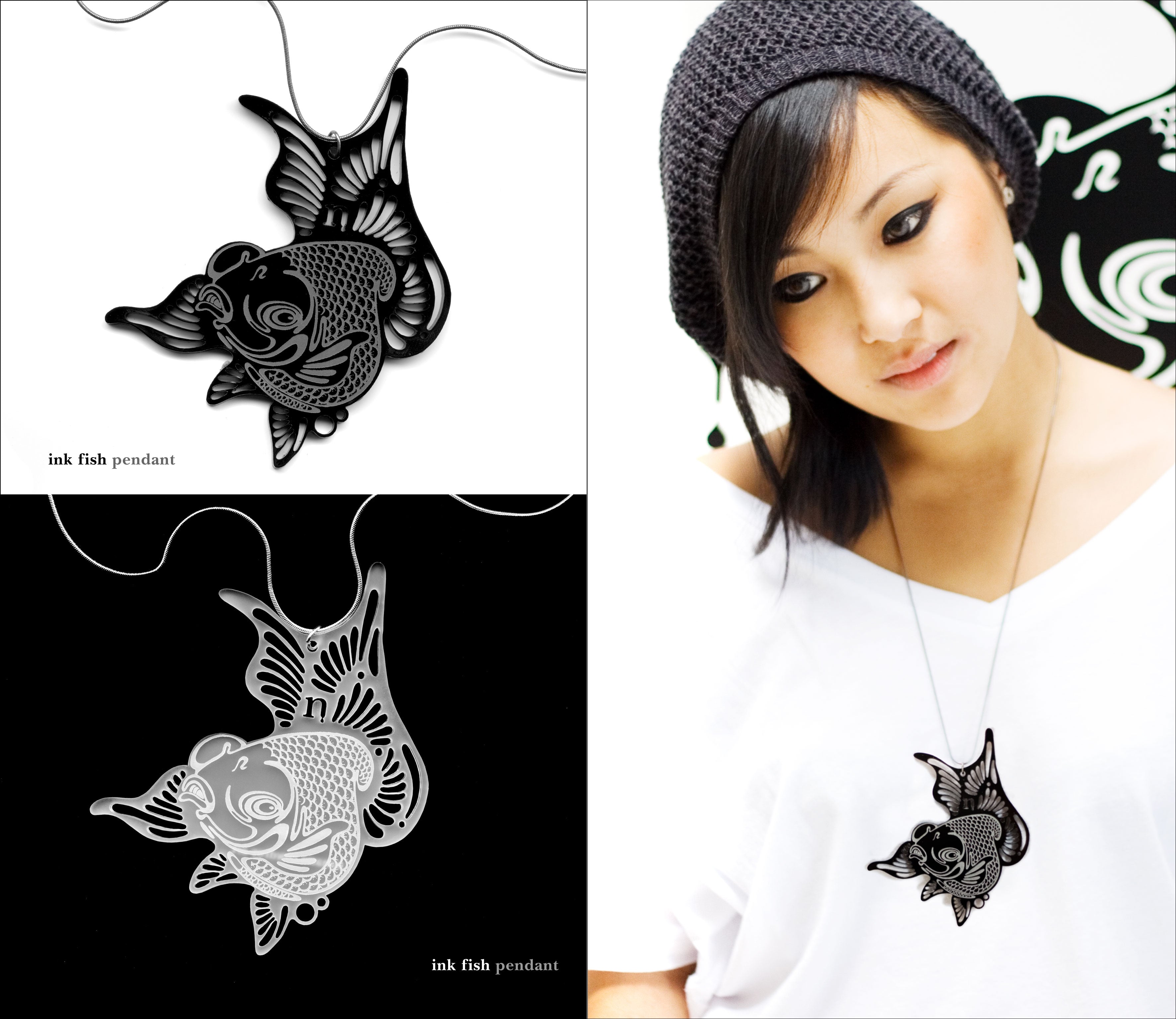 Inky Pieces - Black & White Fish Necklace